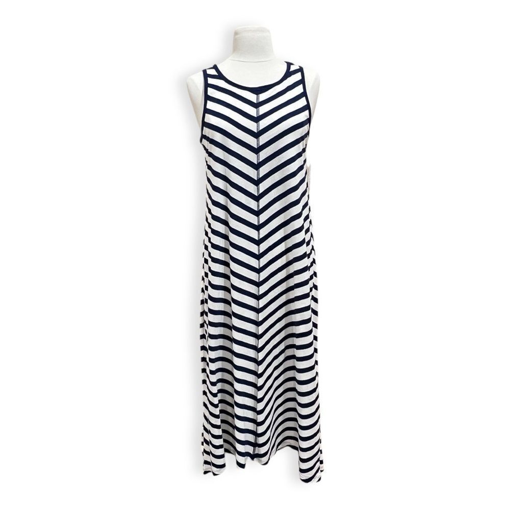 89th & Madison Navy Blue Chevron Striped Maxi Tank Dress Size Medium